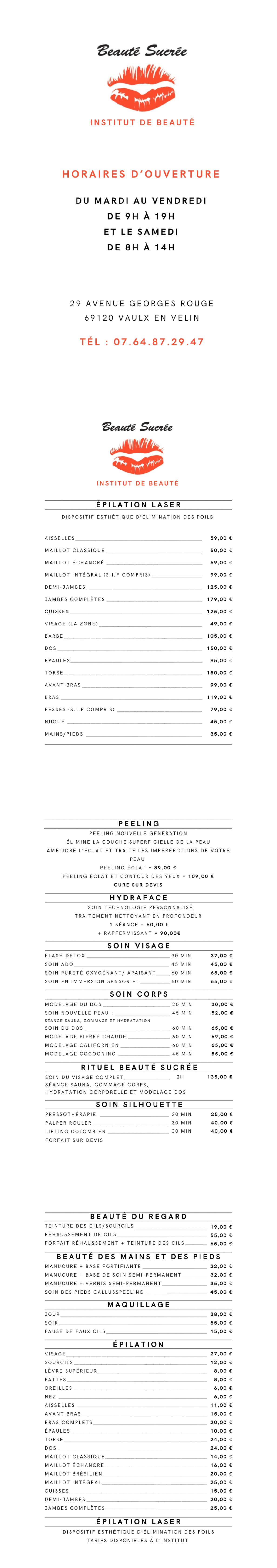 Tarifs Beauté Sucrée institut de beauté à Vaulx-en-Velin
